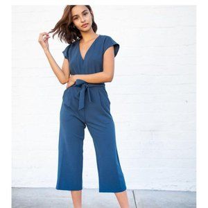 Bishop + Young Blue Front Tie Waist Short Sleeve Cropped Jumpsuit Size Small NEW